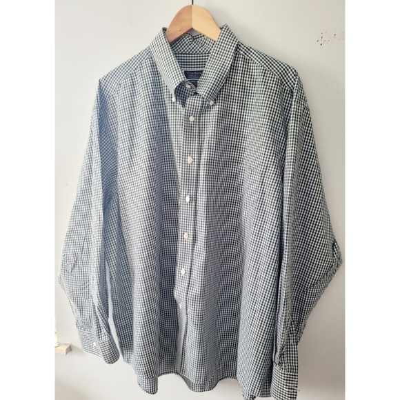 Club Room Green and White Gingham Print Button Up Shirt Size 18.5 Cotton Shirt - Picture 1 of 3